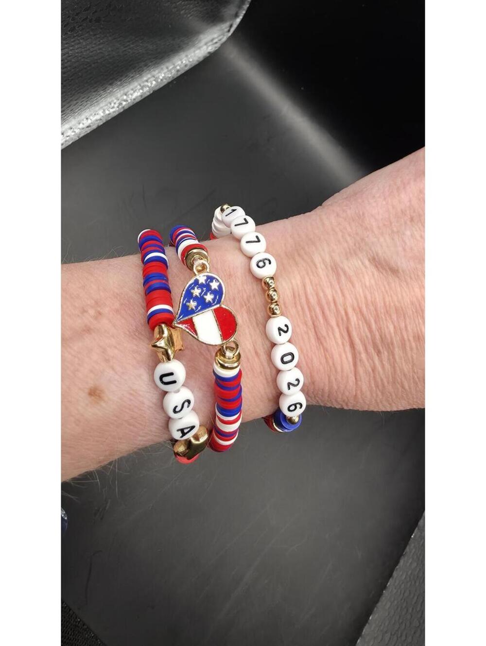 Patriotic Red White Blue Beaded Bracelet Stack with USA Letter Beads Heart Charm